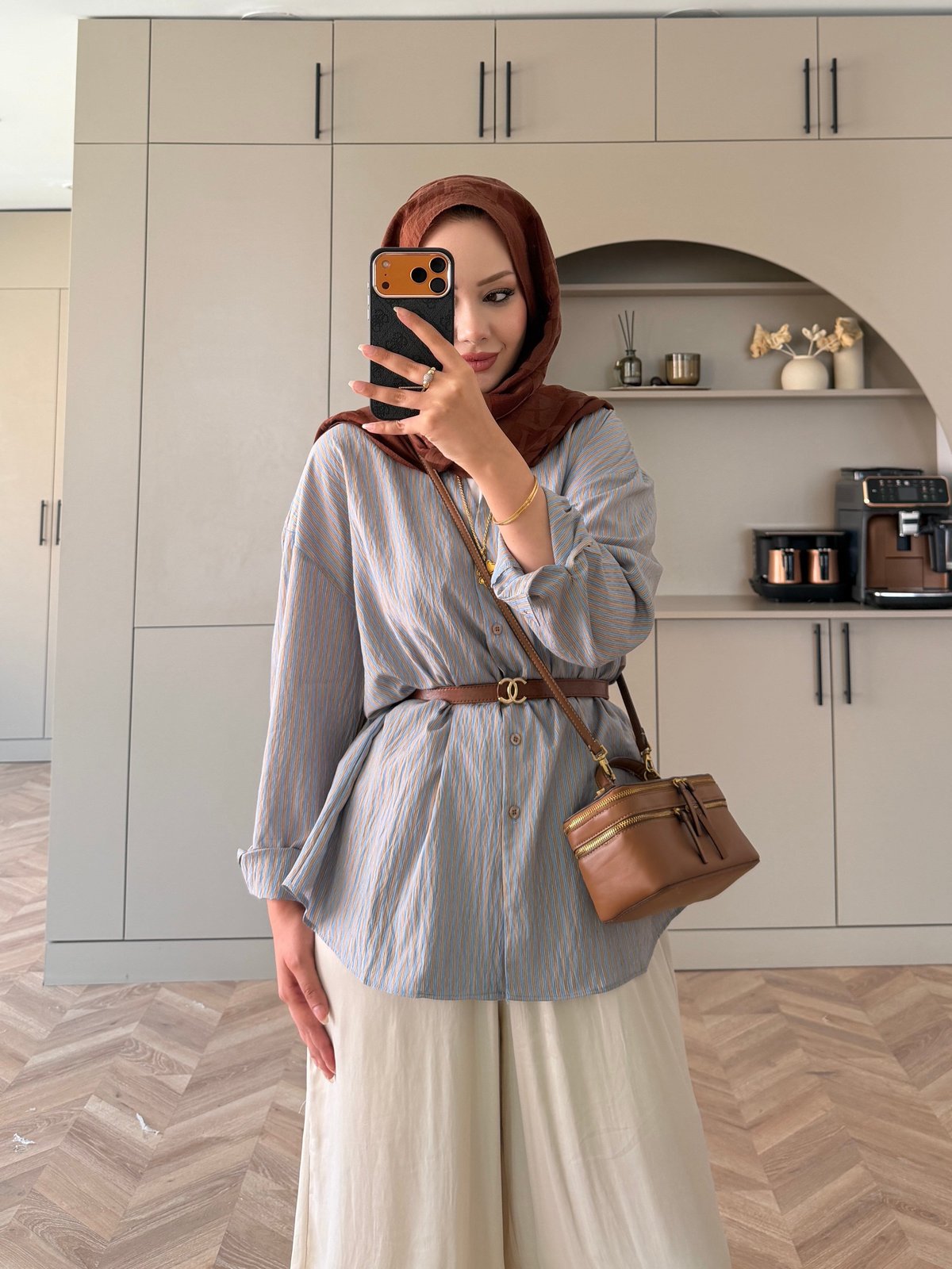 Era Çizgili Oversize Gömlek Vizon (5475)