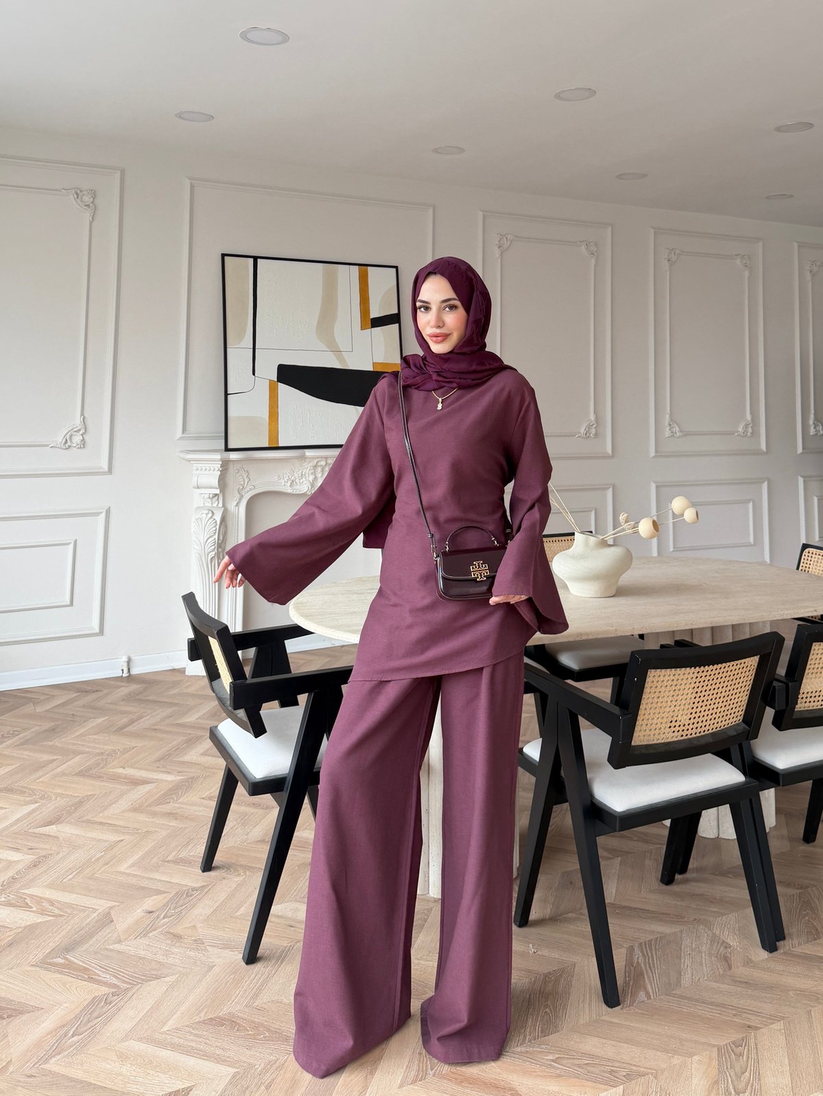 Esil Asimetrik Kesim Pantolonlu Takım Bordo (2365)