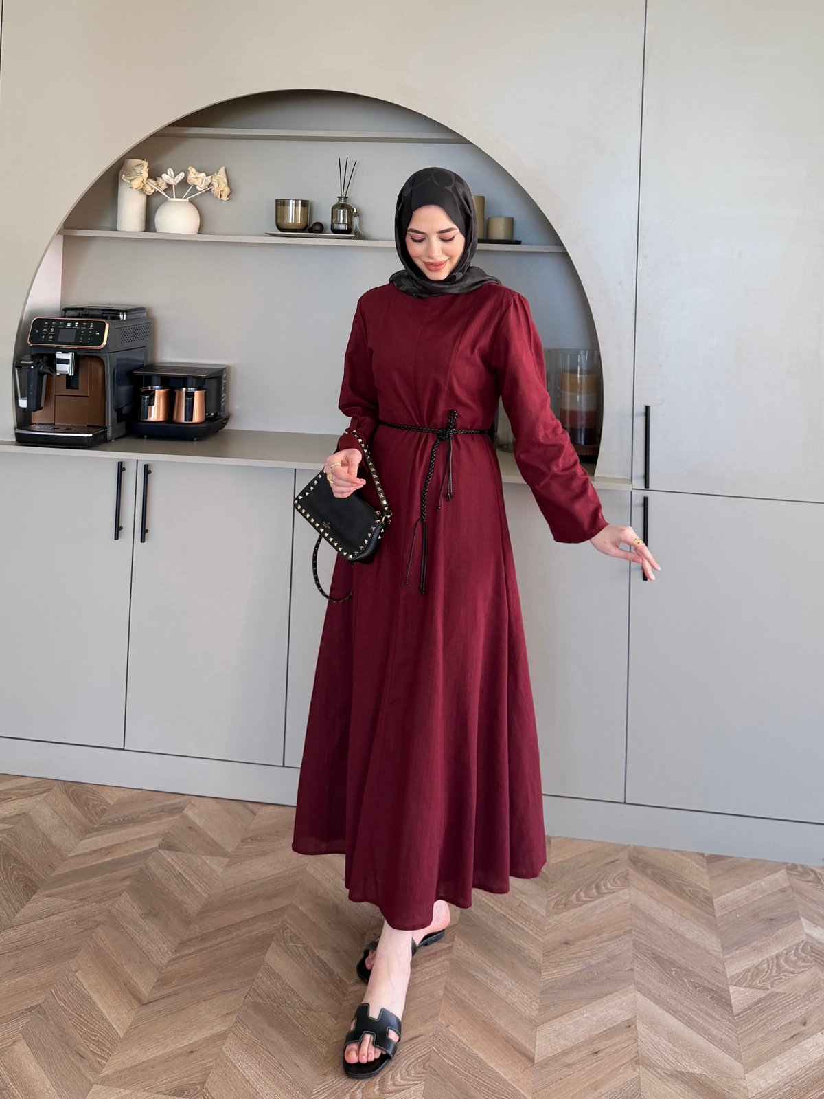 Eyyo Keten Elbise Bordo (3335)