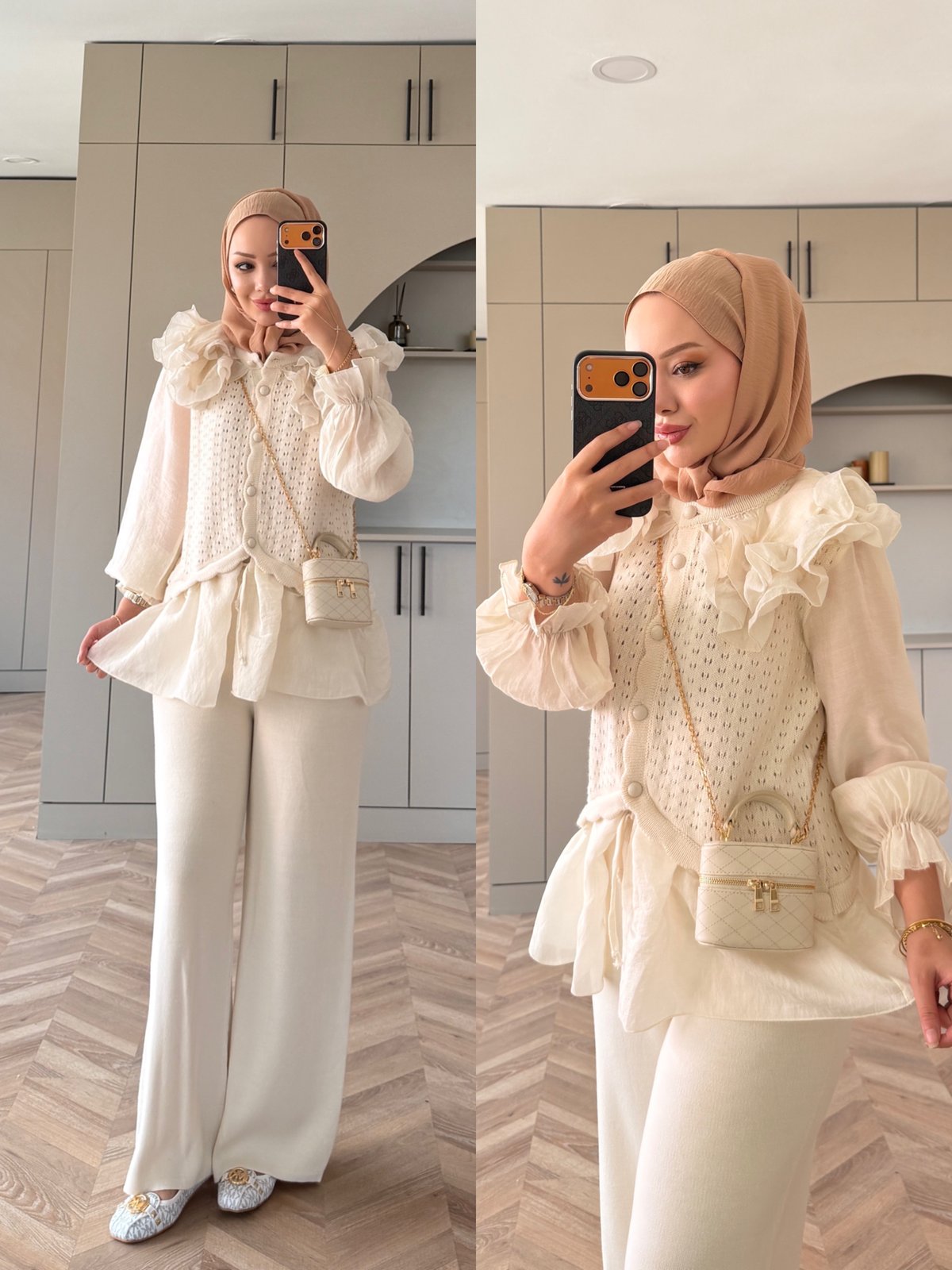 Feza Fırfırlı Pantolonlu Takım Ekru (1113)