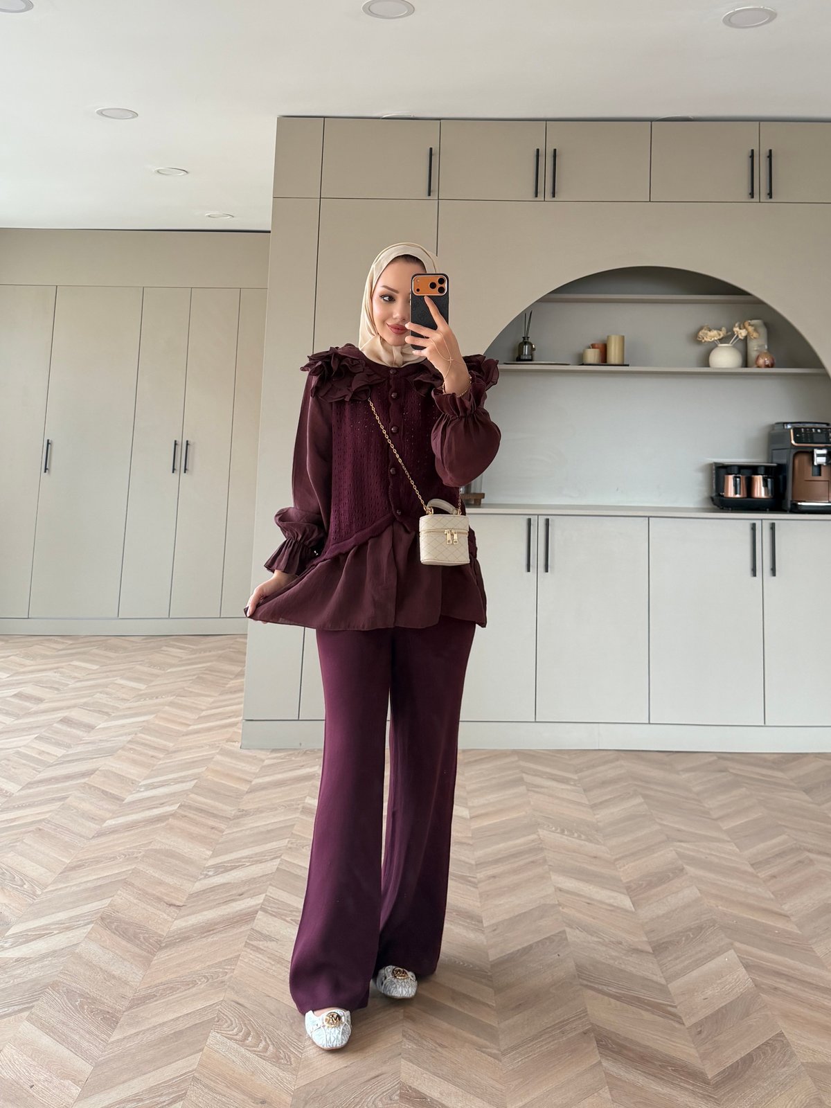 Feza Fırfırlı Pantolonlu Takım Mürdüm (1113)