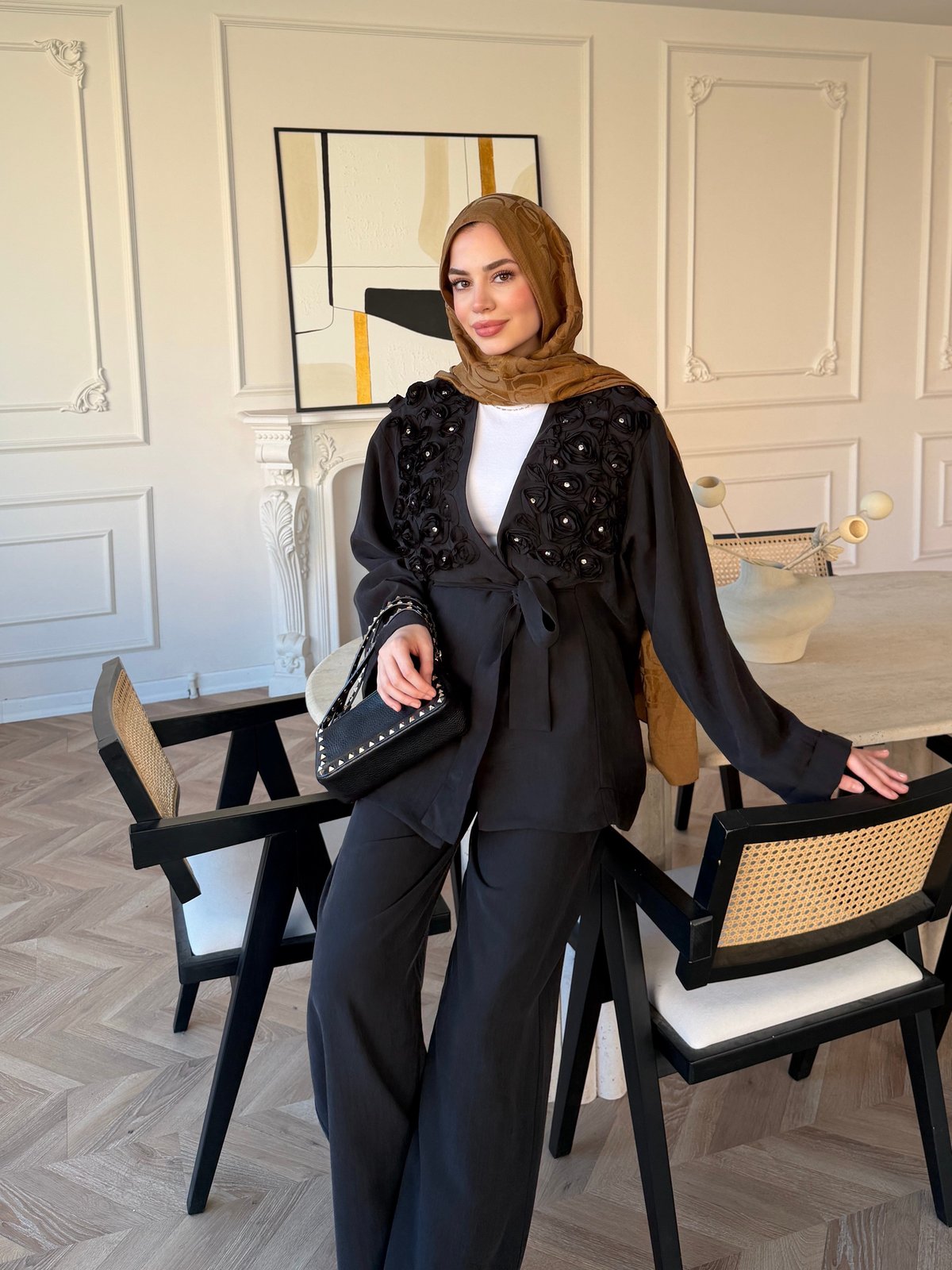 Fleur Aplika Detaylı Pantolonlu Takım Siyah (5788)