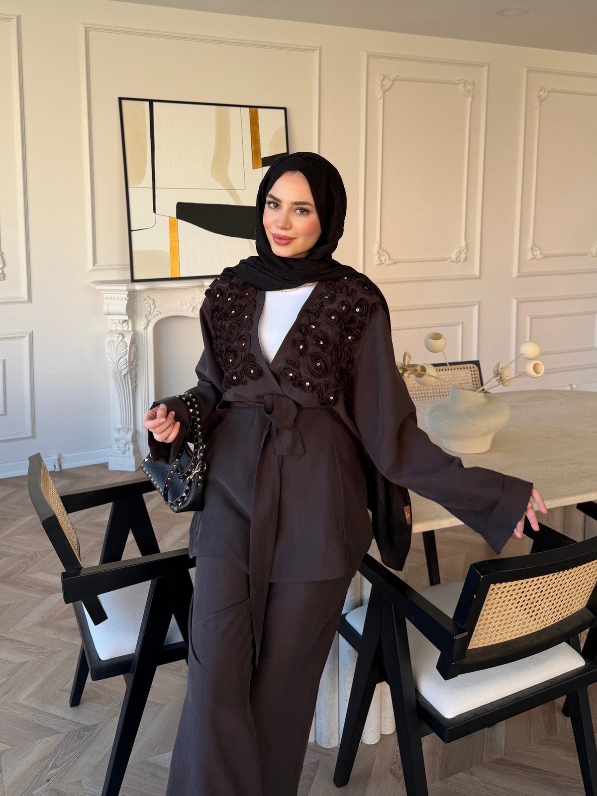 Fleur Aplika Detaylı Pantolonlu Takım Kahverengi (5788)