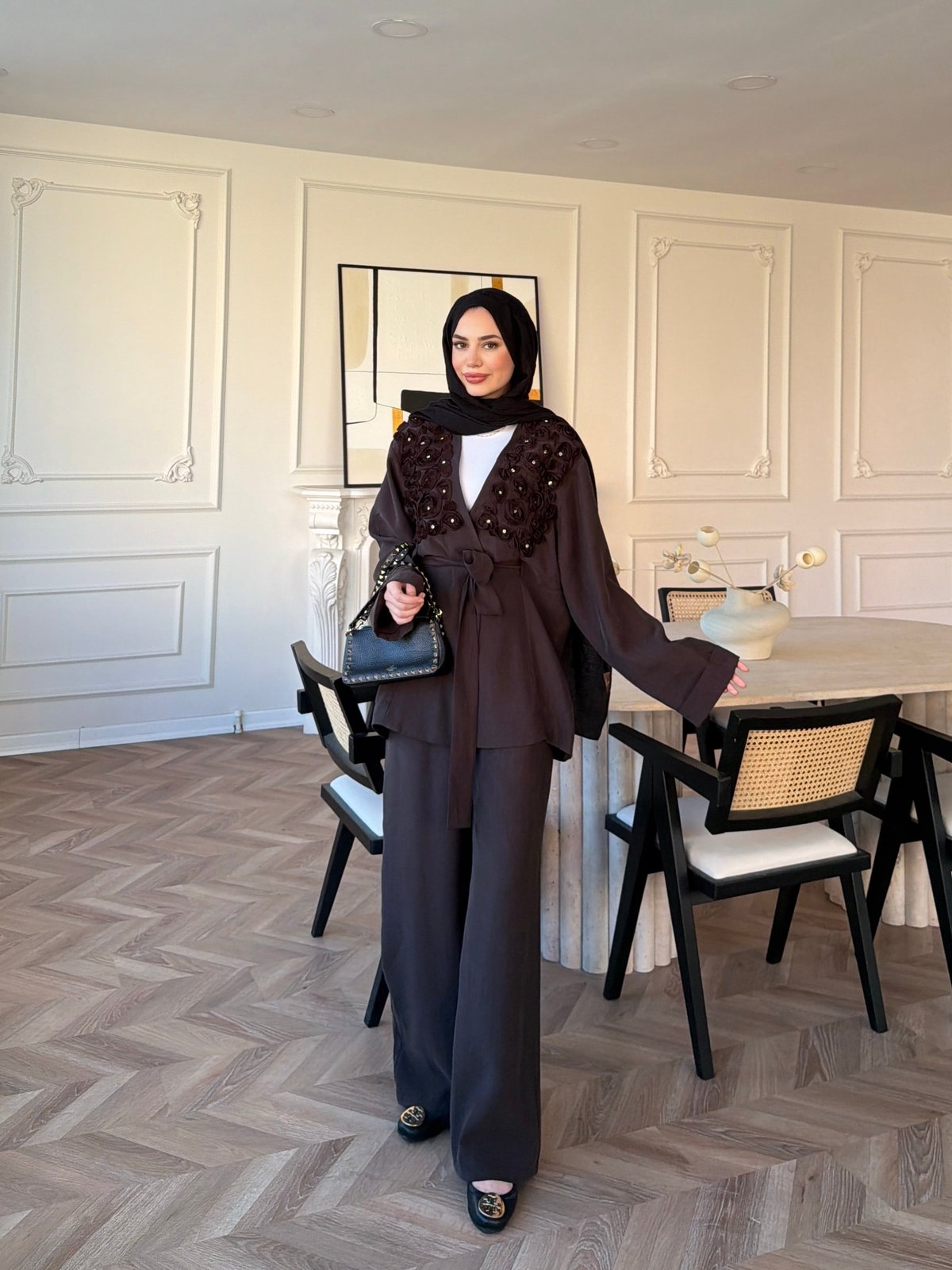 Fleur Aplika Detaylı Pantolonlu Takım Kahverengi (5788)