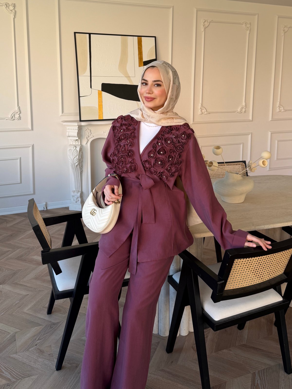 Fleur Aplika Detaylı Pantolonlu Takım Gül Kurusu (5788)