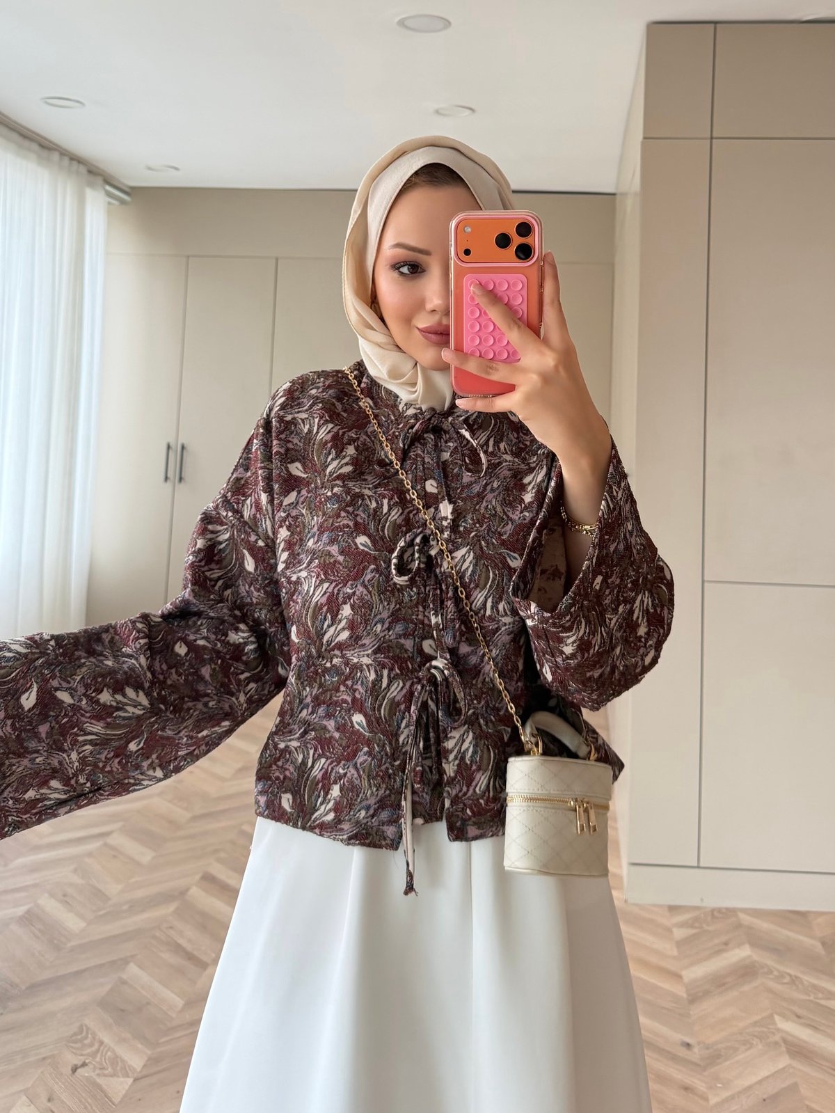 Floral Önü Bağlamalı Jakar Ceket Bordo (4587)