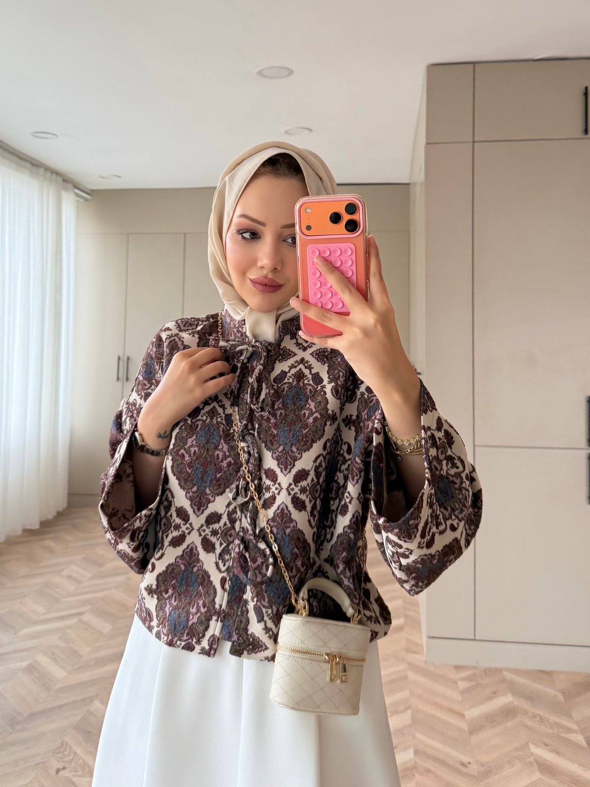 Floral Önü Bağlamalı Jakar Ceket Krem-Bordo (4587)