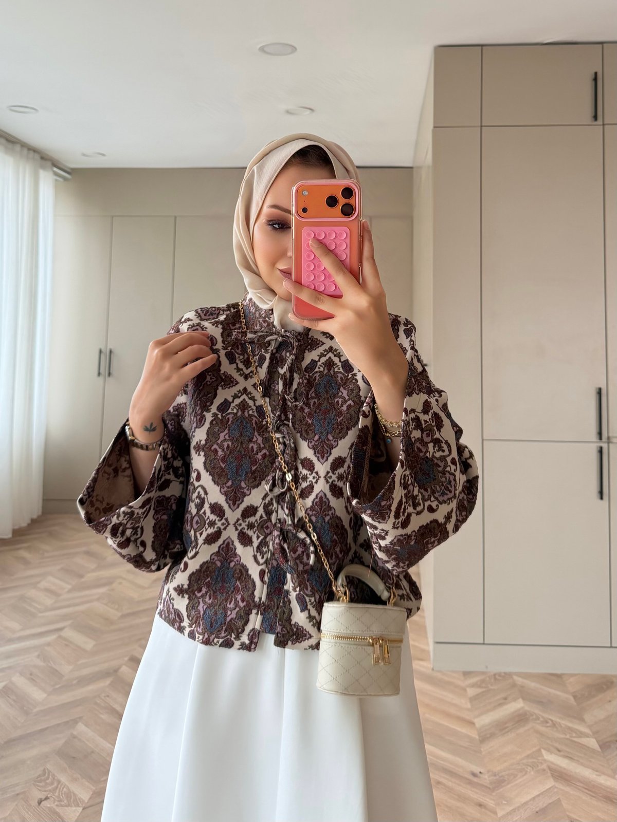 Floral Önü Bağlamalı Jakar Ceket Krem-Bordo (4587)