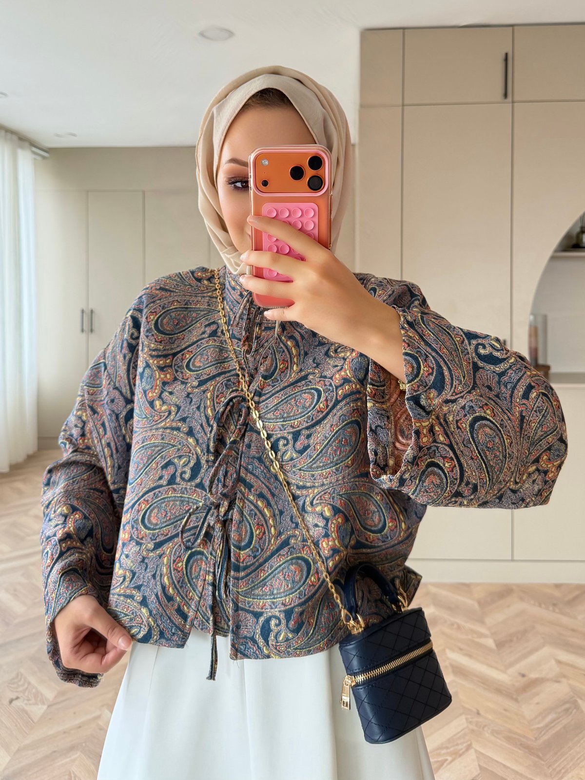 Floral Önü Bağlamalı Jakar Ceket Lacivert (4587)