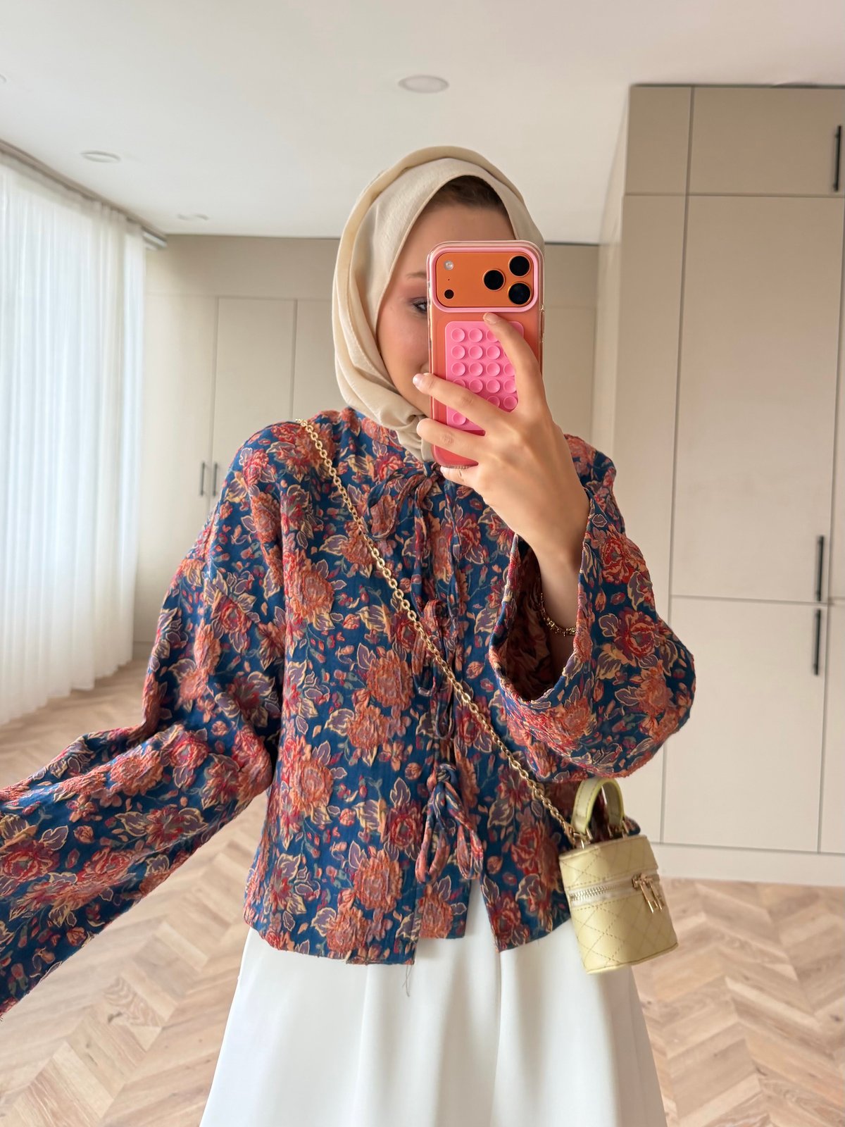Floral Önü Bağlamalı Jakar Ceket Mavi-Turuncu (4587)