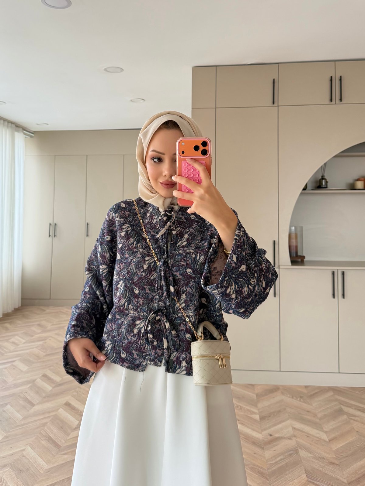 Floral Önü Bağlamalı Jakar Ceket Mor (4587)