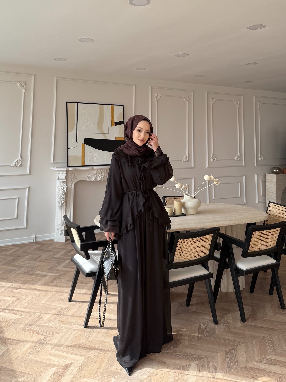 Ghalia Şifon Pantolonlu Takım Acı Kahve 