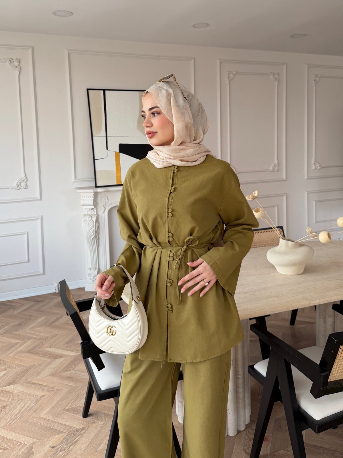 Helin Düğme Detaylı Pantolonlu Takım Yağ Yeşili (4512)