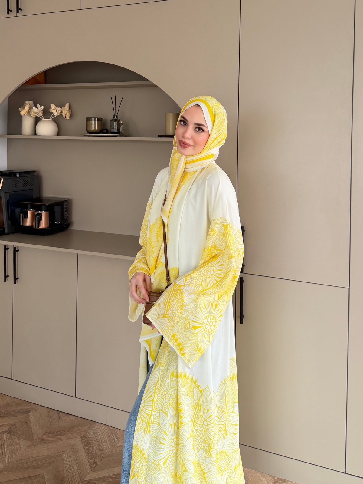 Hint Desen Şallı Kimono/Abaya ButterYellow (1082)