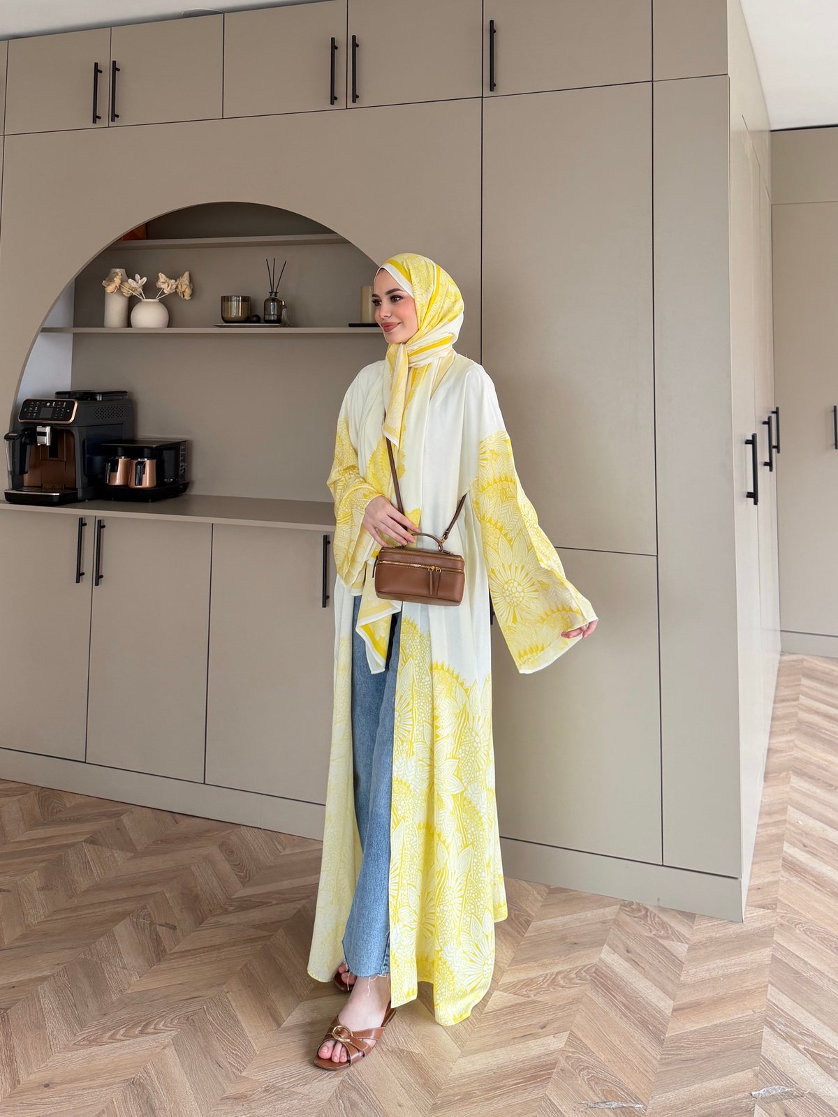 Hint Desen Şallı Kimono/Abaya ButterYellow (1082)