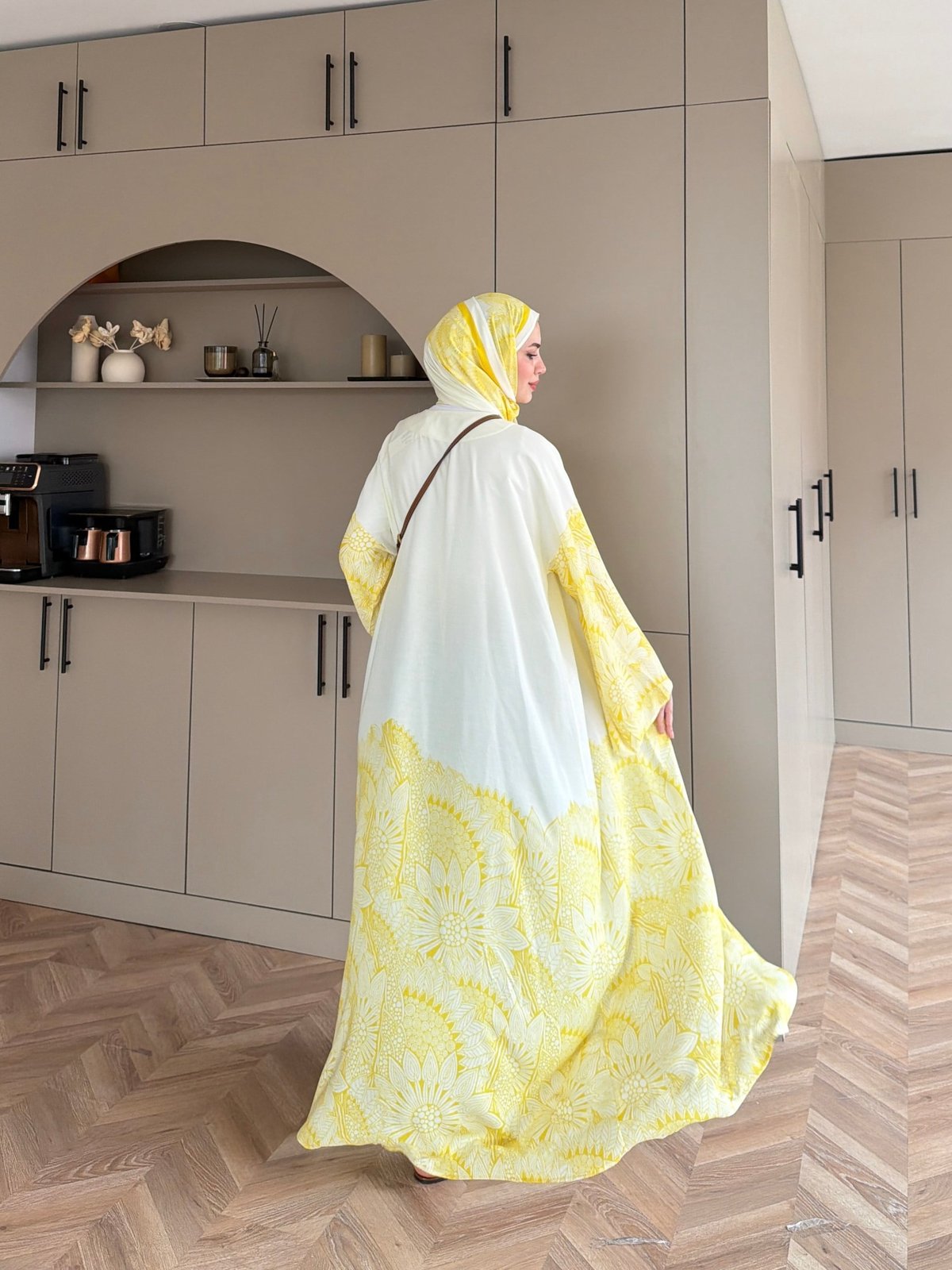 Hint Desen Şallı Kimono/Abaya ButterYellow (1082)