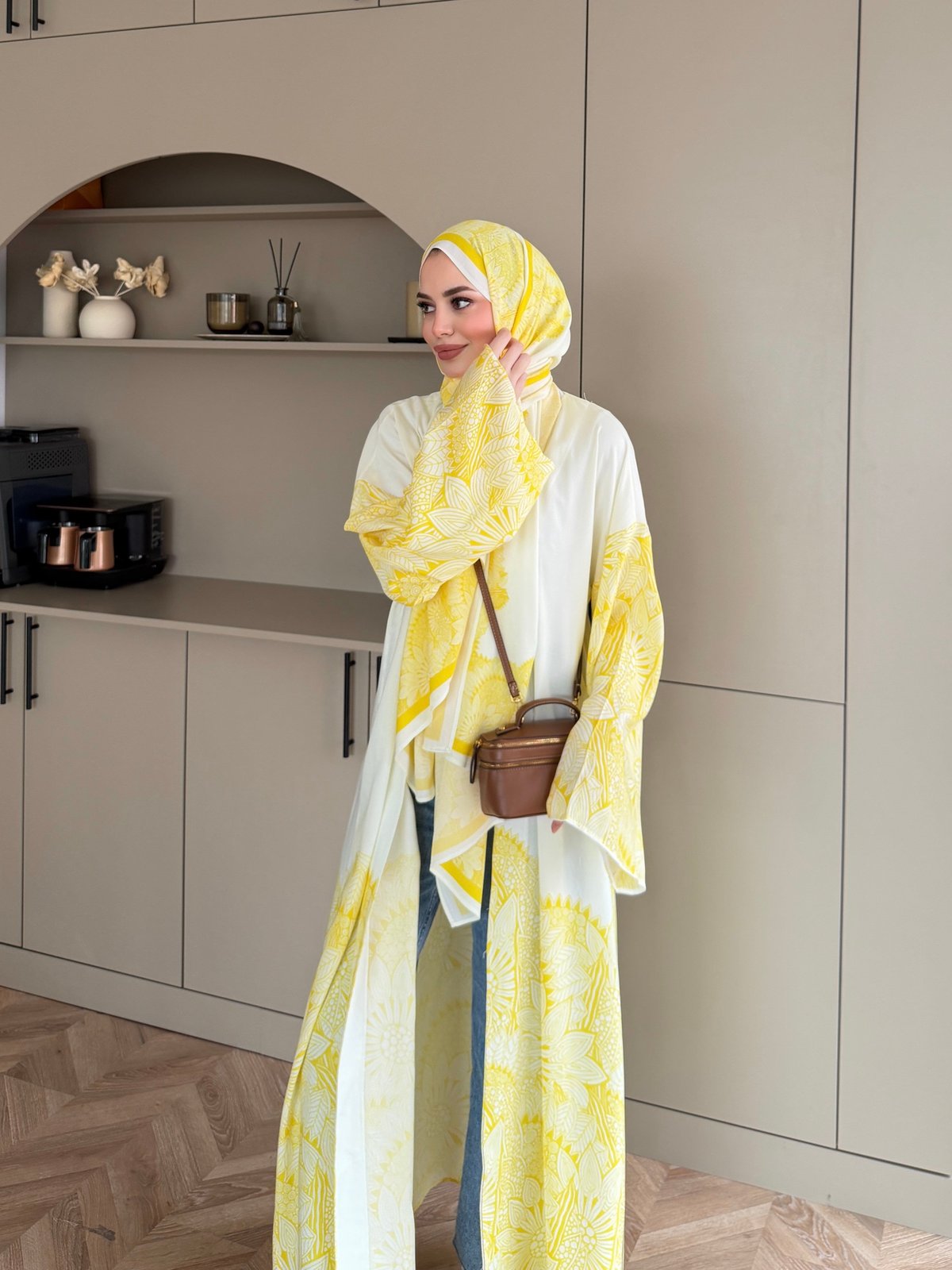 Hint Desen Şallı Kimono/Abaya ButterYellow (1082)