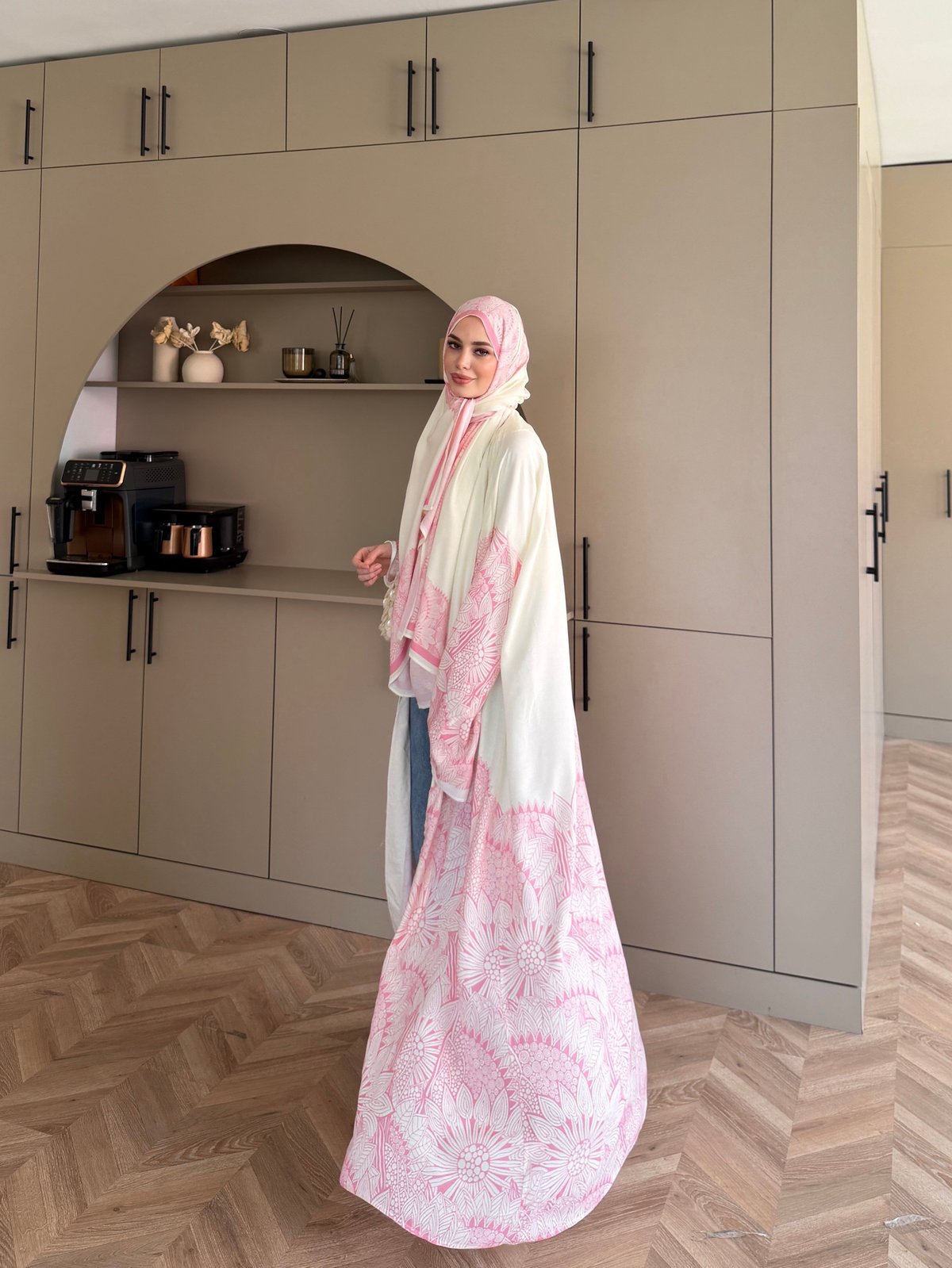 Hint Desen Şallı Kimono/Abaya Pembe (1082)