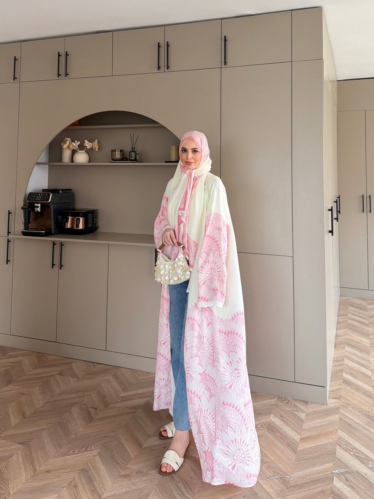 Hint Desen Şallı Kimono/Abaya Pembe (1082)