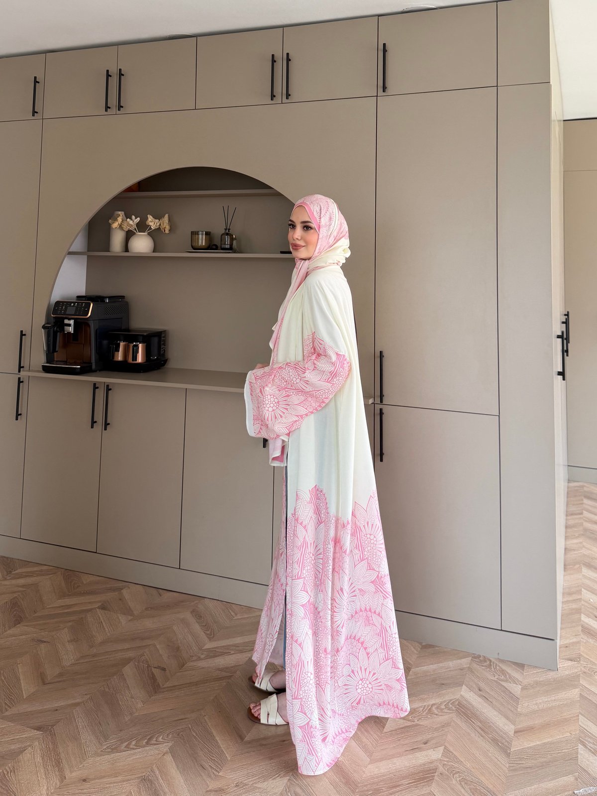 Hint Desen Şallı Kimono/Abaya Pembe (1082)