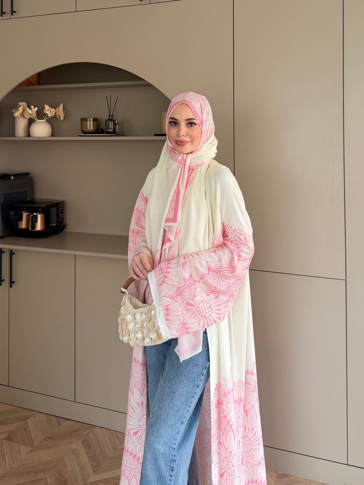 Hint Desen Şallı Kimono/Abaya Pembe (1082)