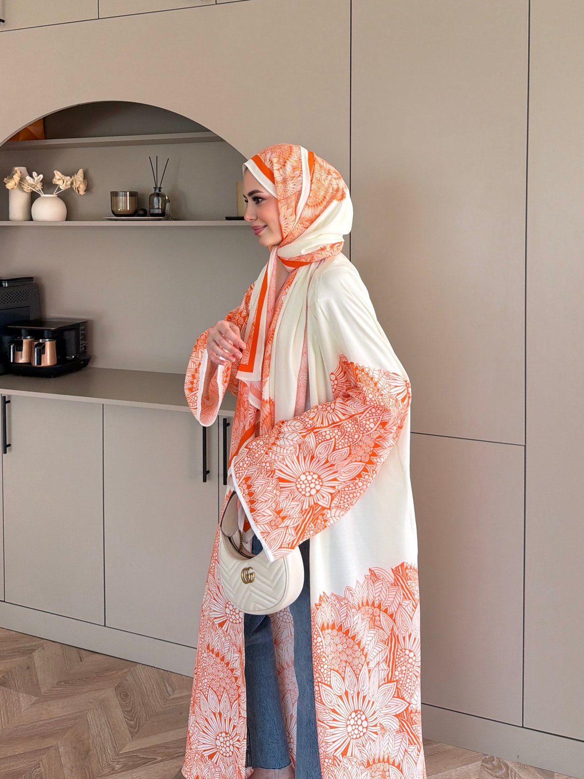 Hint Desen Şallı Kimono/Abaya Turuncu (1082)