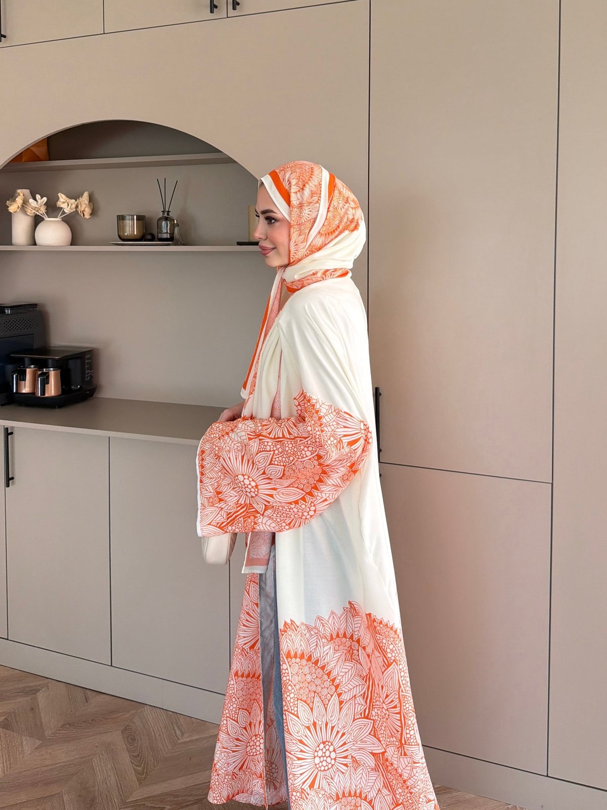 Hint Desen Şallı Kimono/Abaya Turuncu (1082)