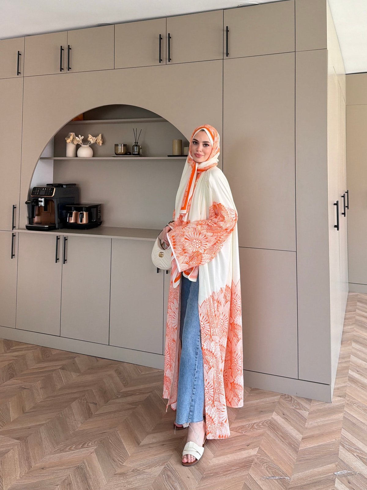 Hint Desen Şallı Kimono/Abaya Turuncu (1082)