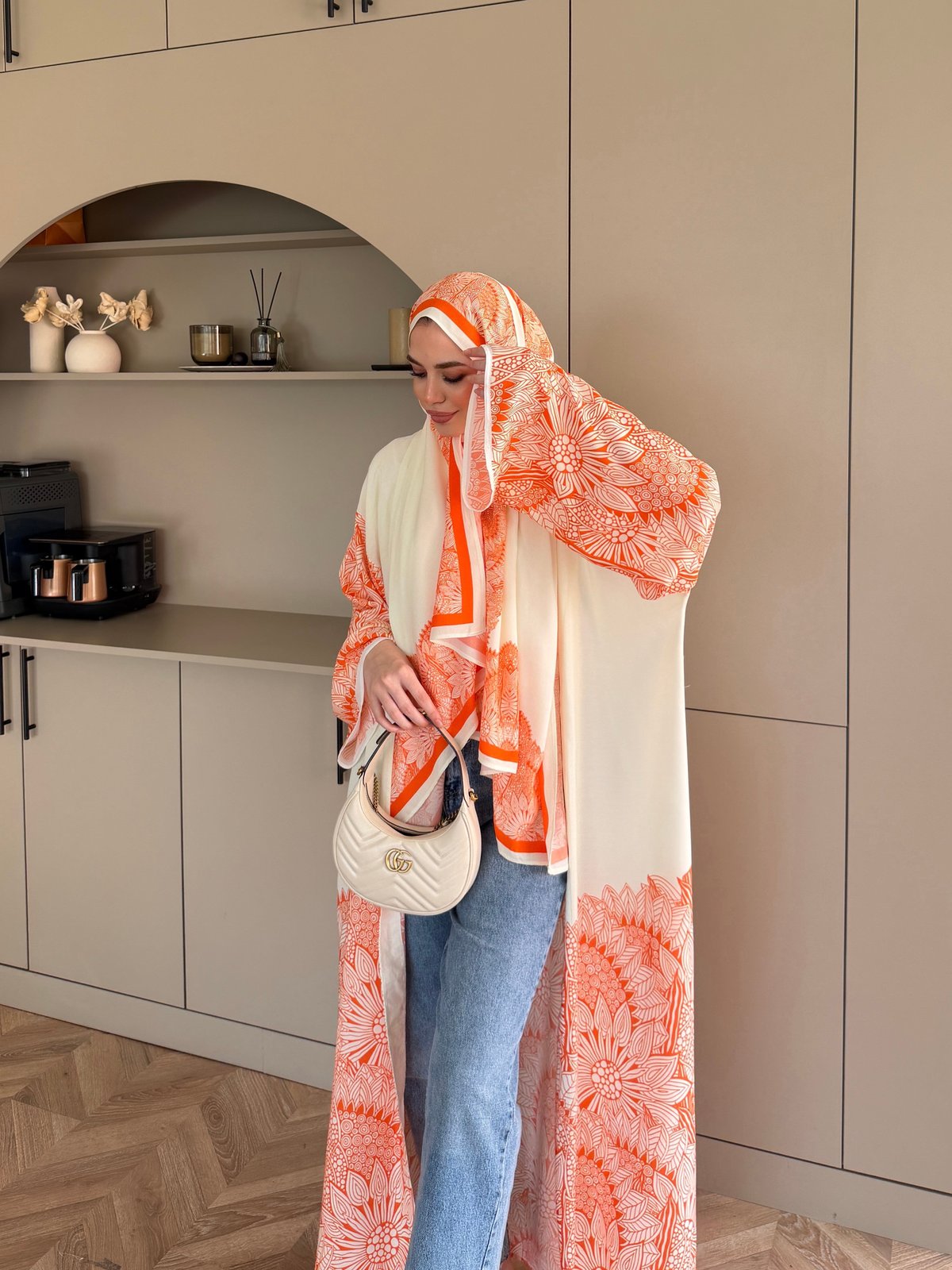 Hint Desen Şallı Kimono/Abaya Turuncu (1082)