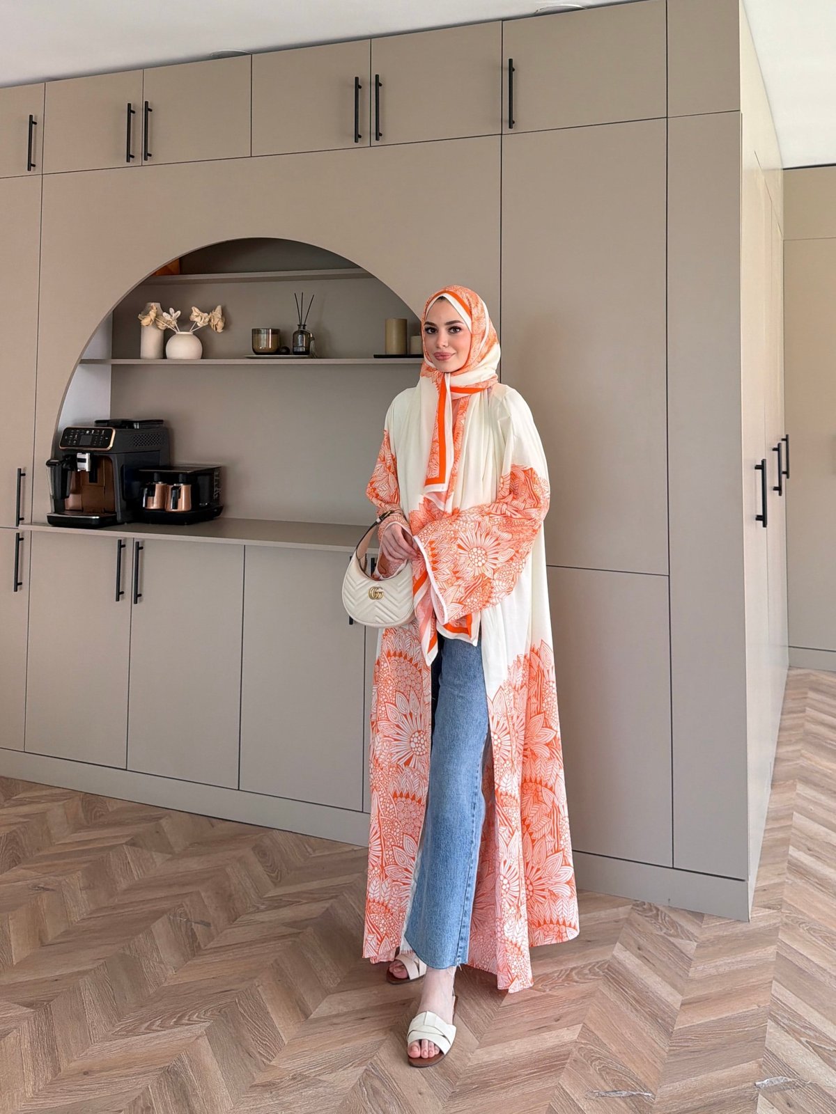 Hint Desen Şallı Kimono/Abaya Turuncu (1082)