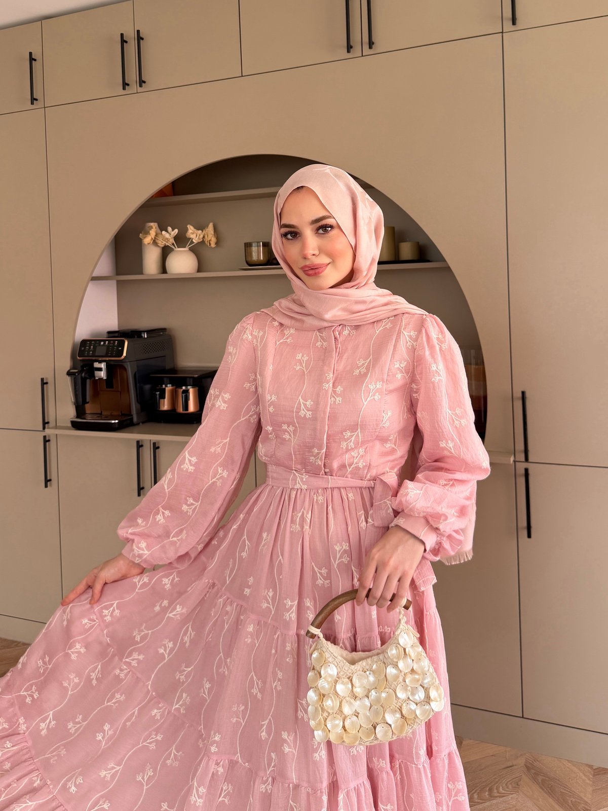 İlter Brode Nakışlı Elbise Pembe (26157)