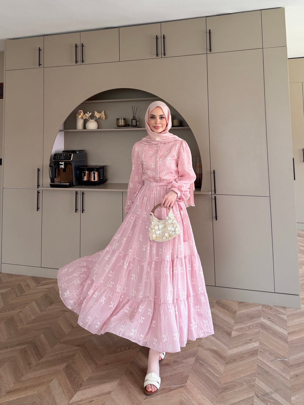 İlter Brode Nakışlı Elbise Pembe (26157)