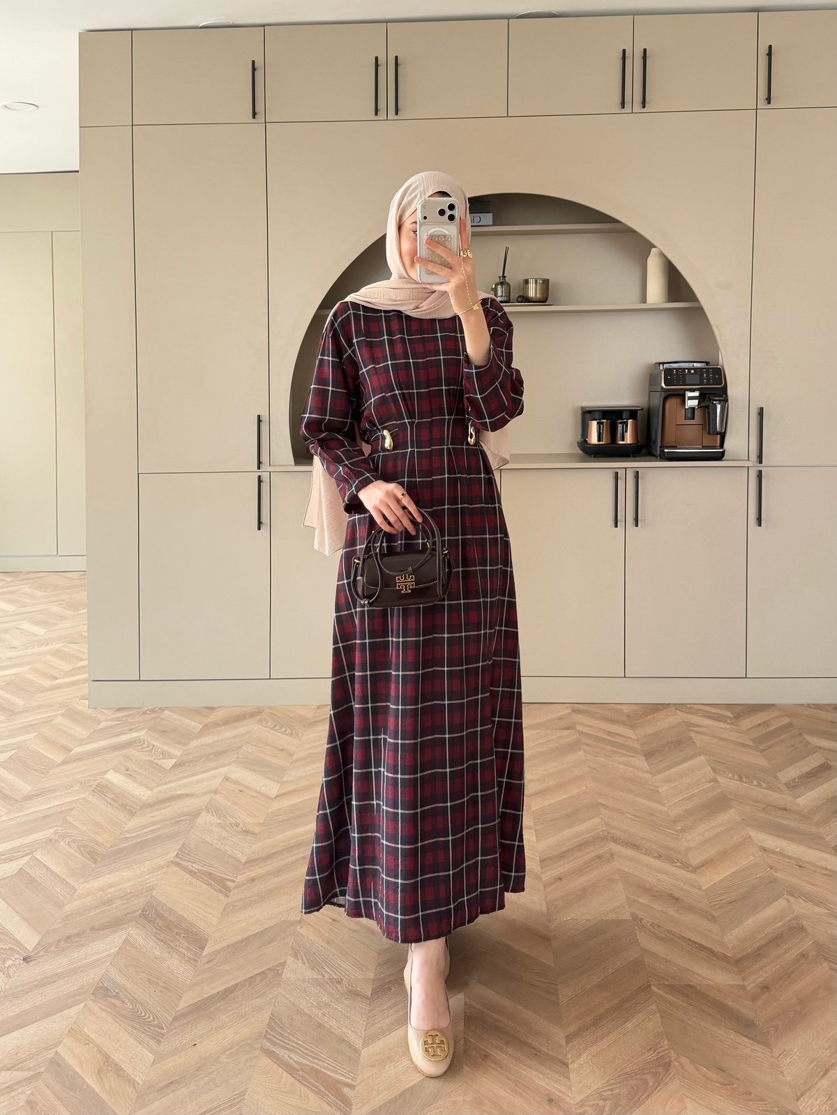 İlya Ekose Desen Elbise Bordo (2342)