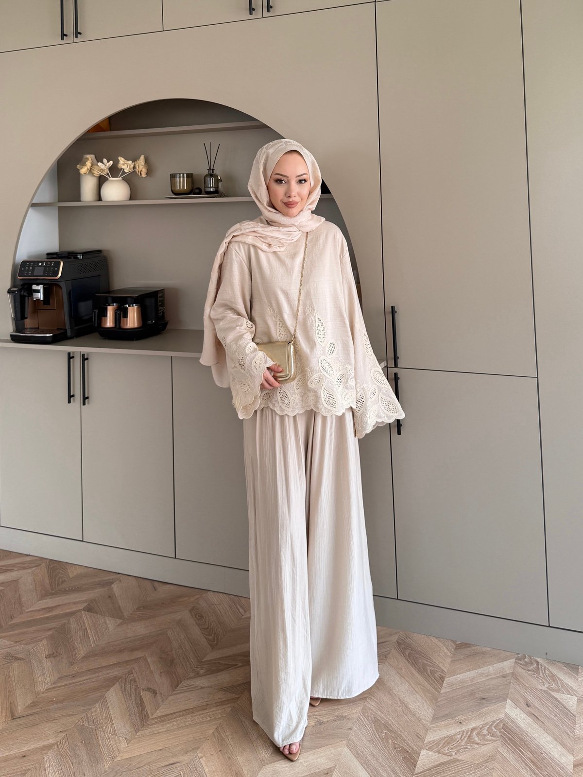 Irmak Çiçek Baskılı Pantolonlu Takım Bej (5805)