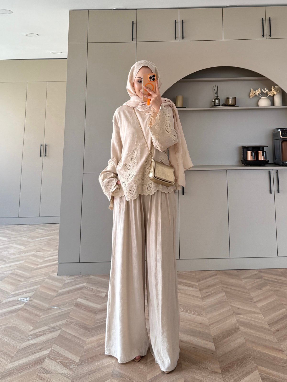 Irmak Çiçek Baskılı Pantolonlu Takım Bej (5805)
