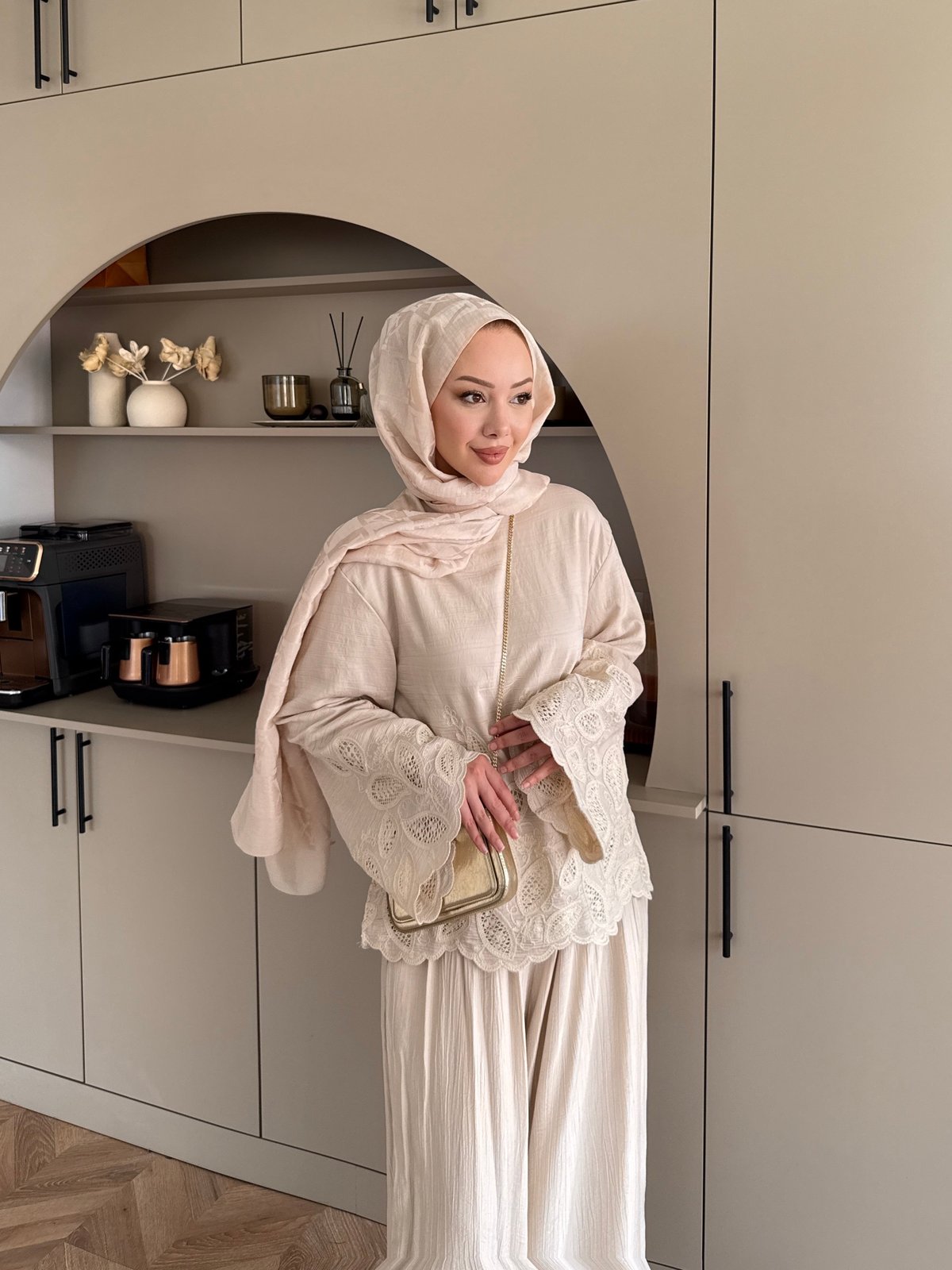 Irmak Çiçek Baskılı Pantolonlu Takım Bej (5805)
