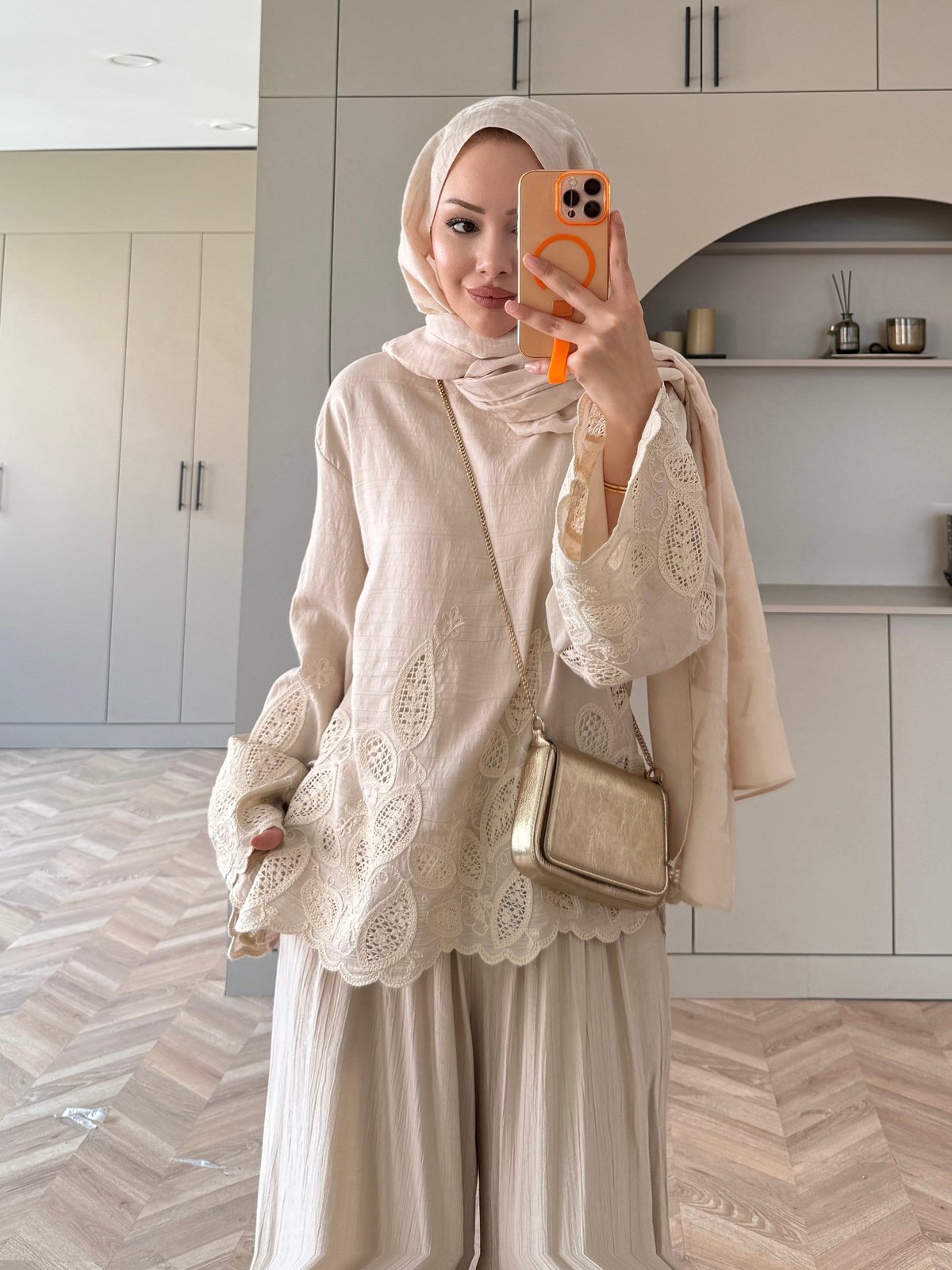 Irmak Çiçek Baskılı Pantolonlu Takım Bej (5805)