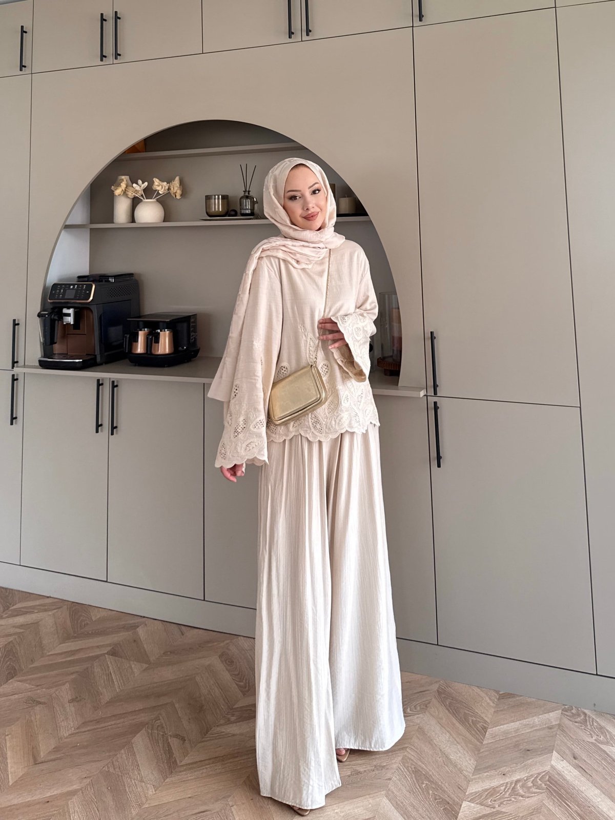 Irmak Çiçek Baskılı Pantolonlu Takım Bej (5805)