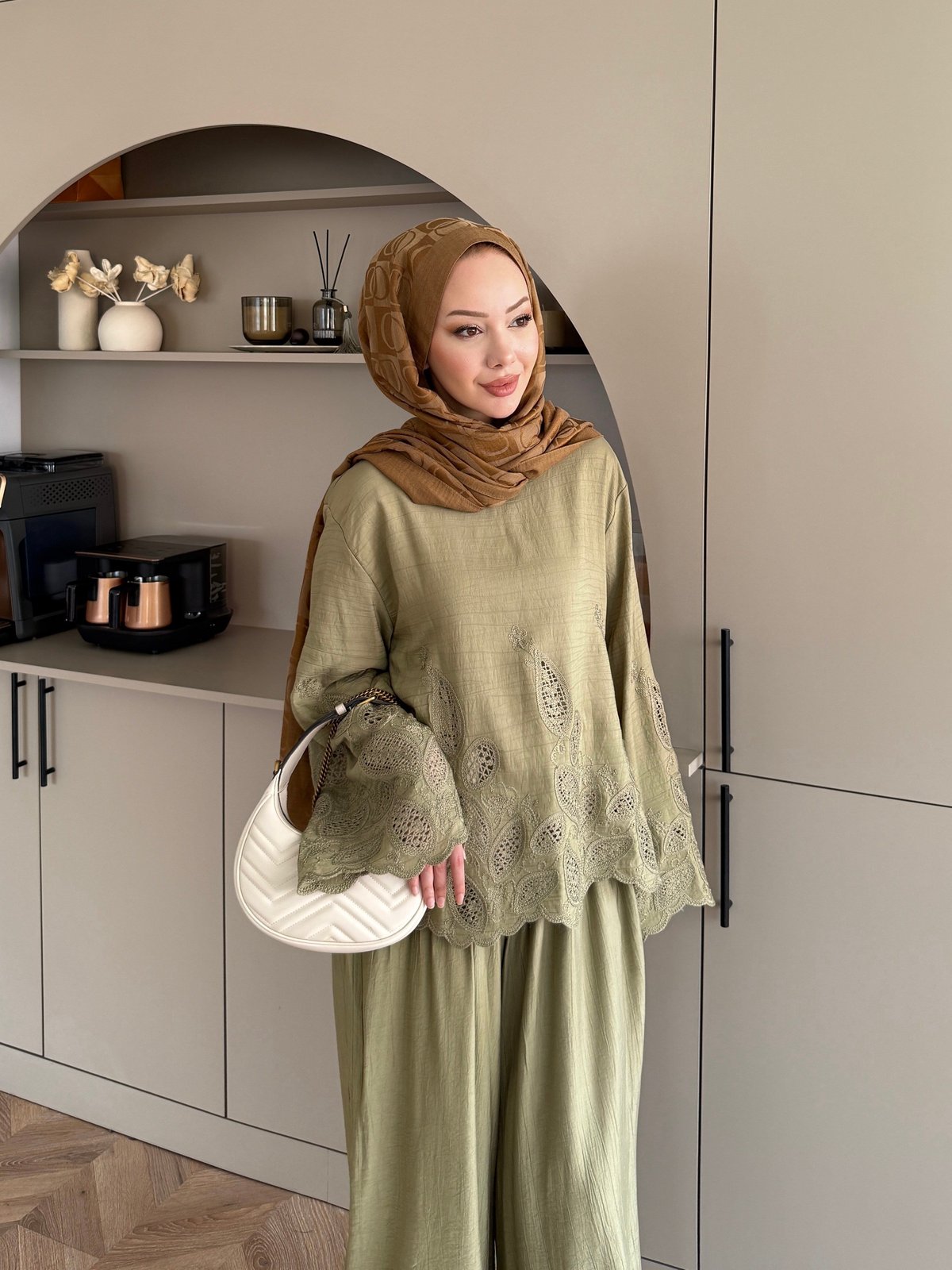 Irmak Çiçek Baskılı Pantolonlu Takım Haki (5805)