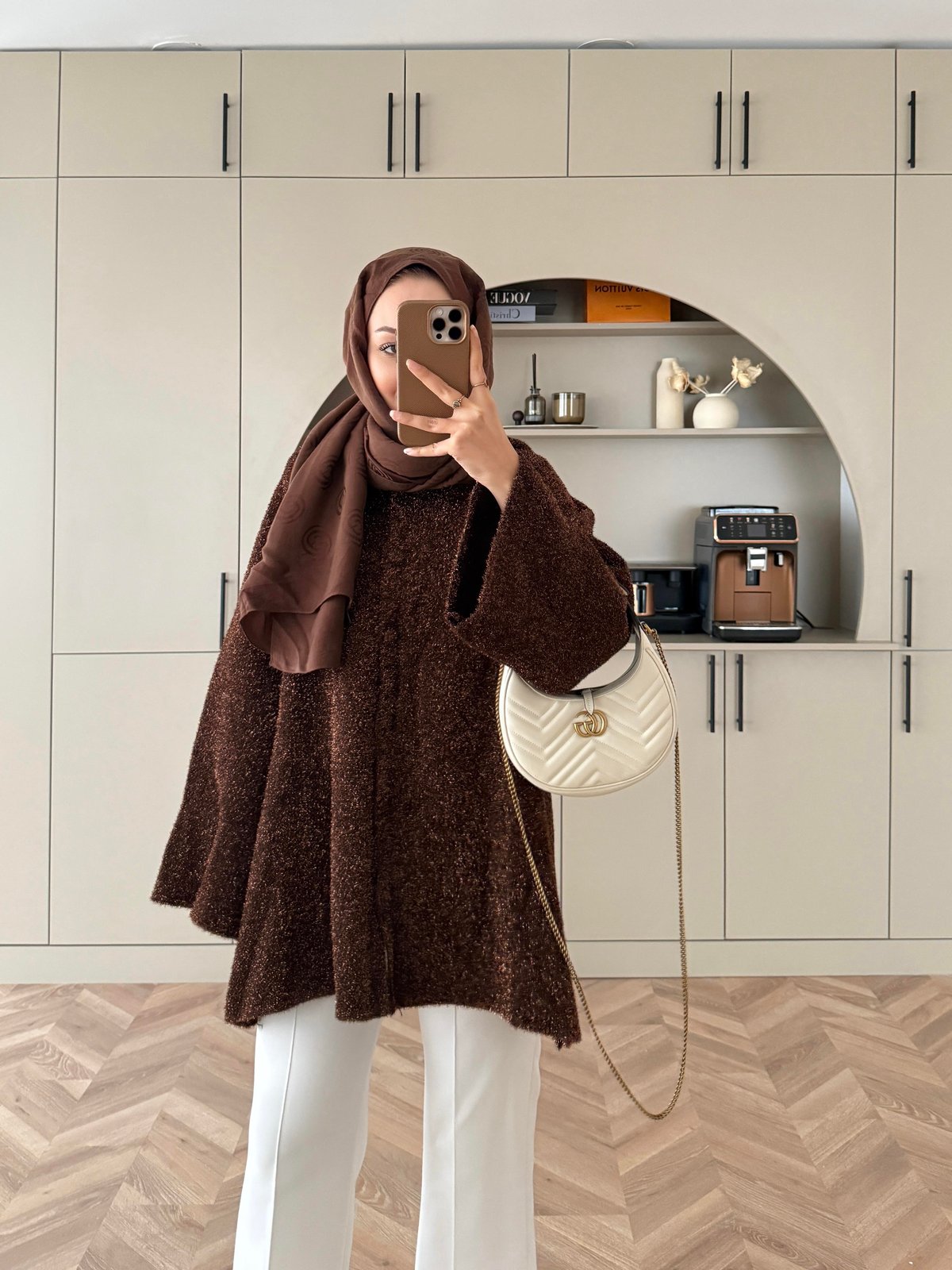 Kapüşonlu Simli Hırka Acı Kahve