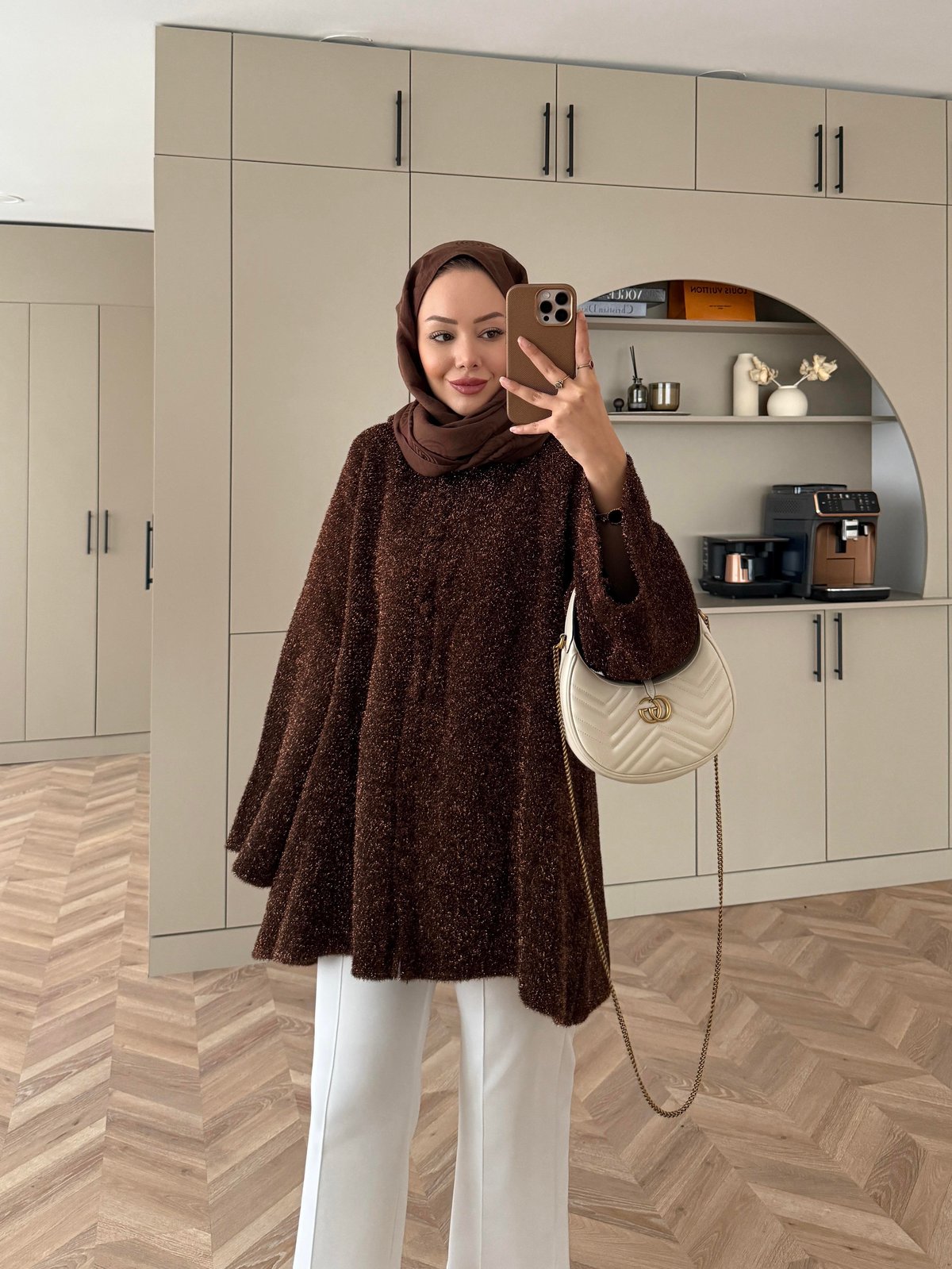 Kapüşonlu Simli Hırka Acı Kahve