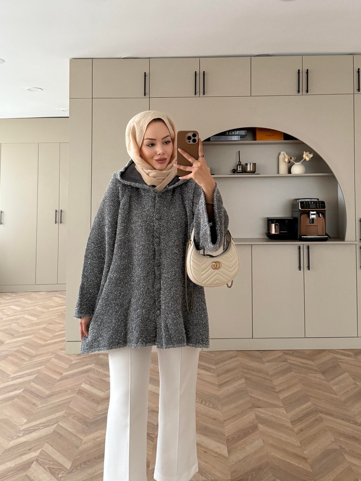 Kapüşonlu Simli Hırka Gri