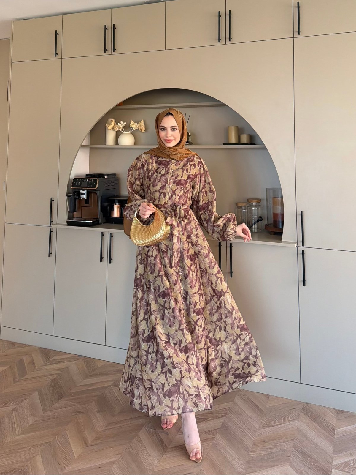 Katre Çiçek Desenli Elbise Kahve (26145)
