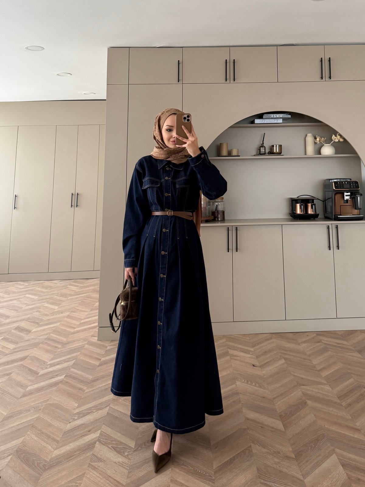 Kemerli Düğmeli Kot Elbise Lacivert (707)