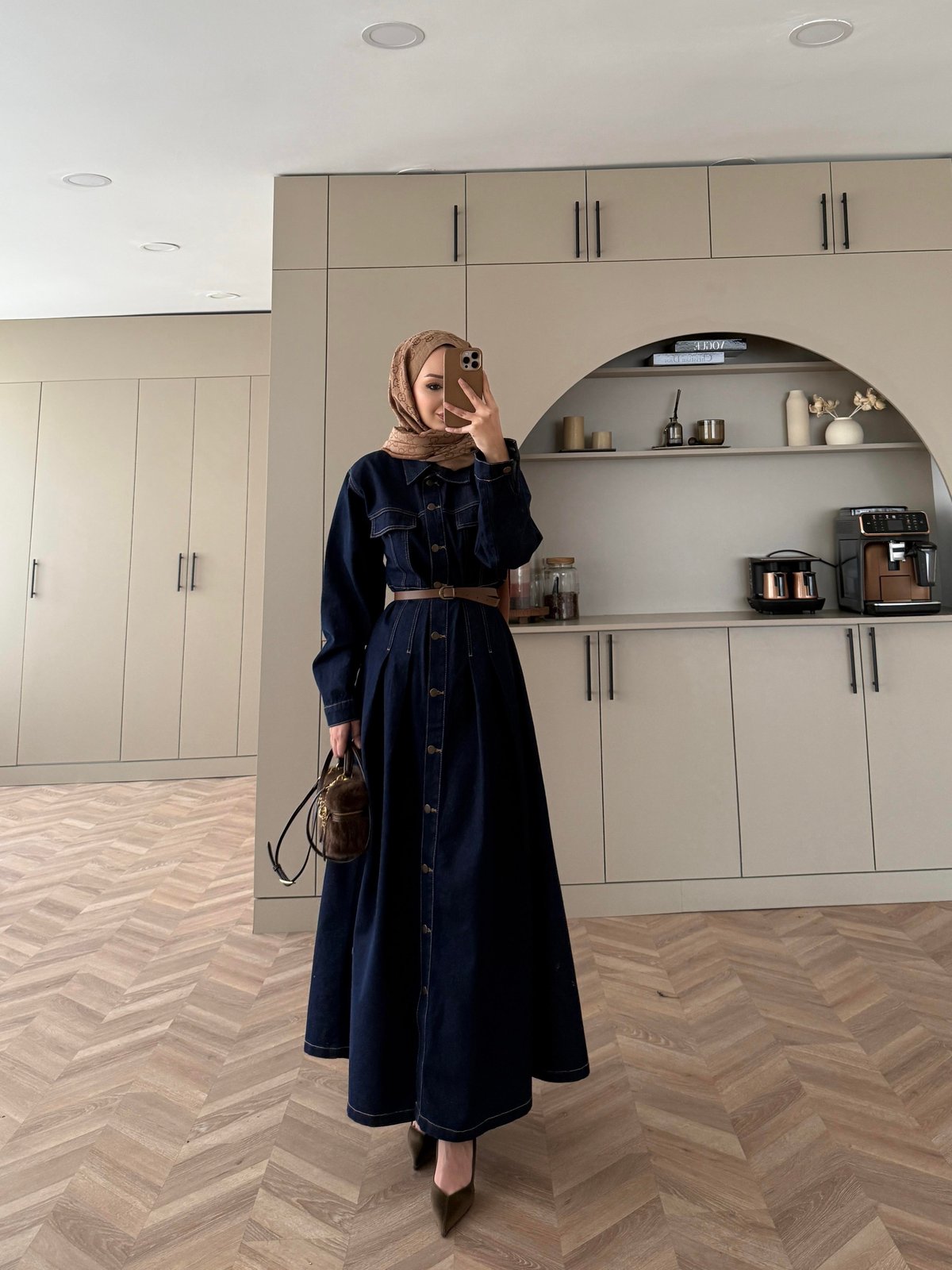 Kemerli Düğmeli Kot Elbise Lacivert (707)
