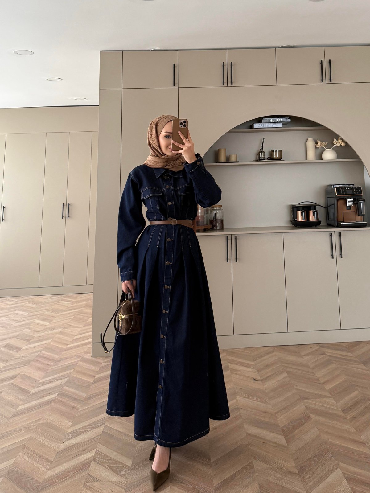 Kemerli Düğmeli Kot Elbise Lacivert (707)