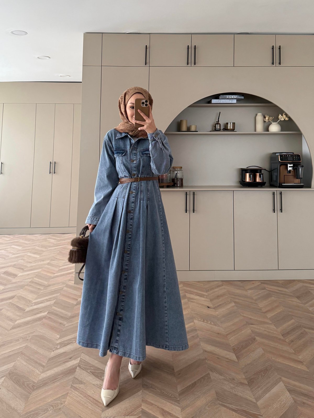 Kemerli Düğmeli Kot Elbise Mavi (707)