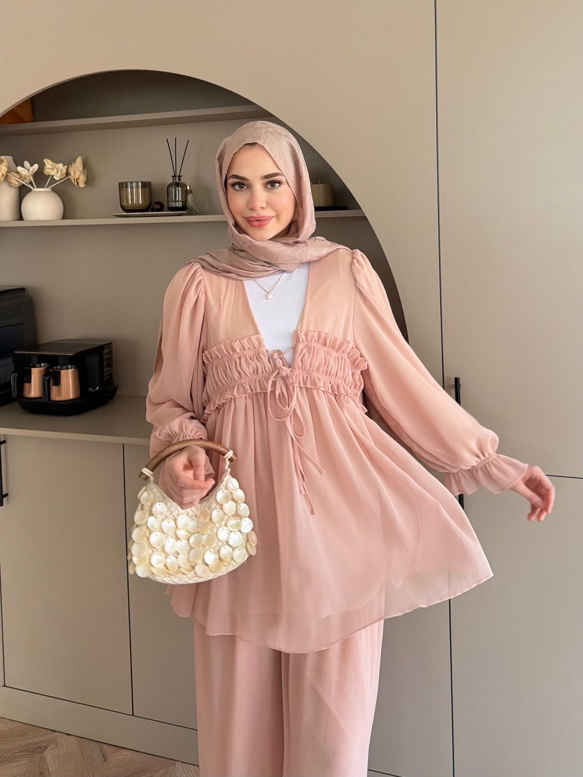 Klaro Bağlama Detaylı Pantolonlu Takım Toz Pembe 