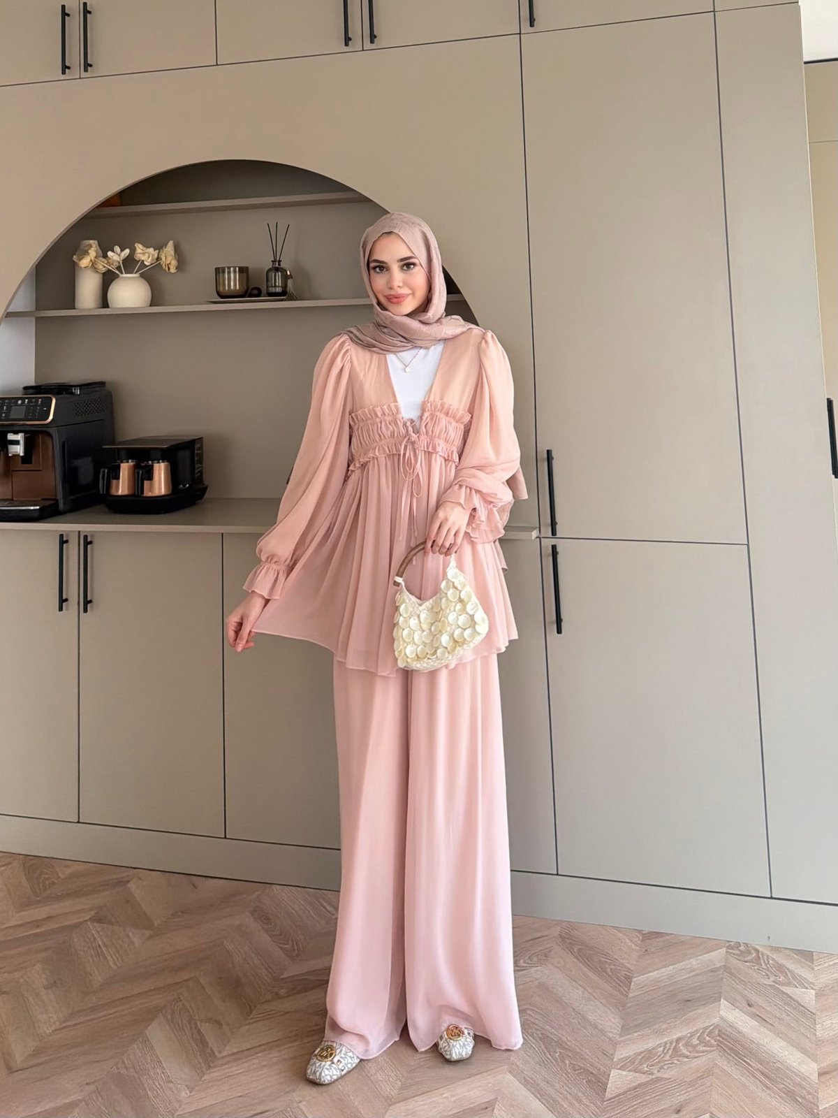 Klaro Bağlama Detaylı Pantolonlu Takım Toz Pembe 