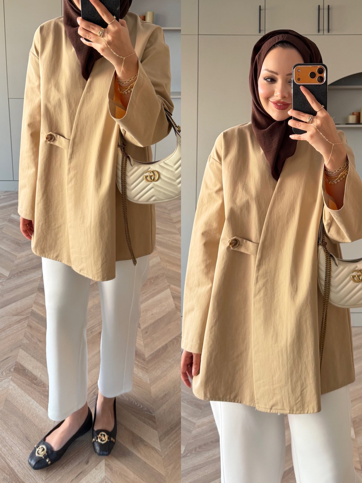 Korce Düğme Detaylı Trenç Camel (3141)